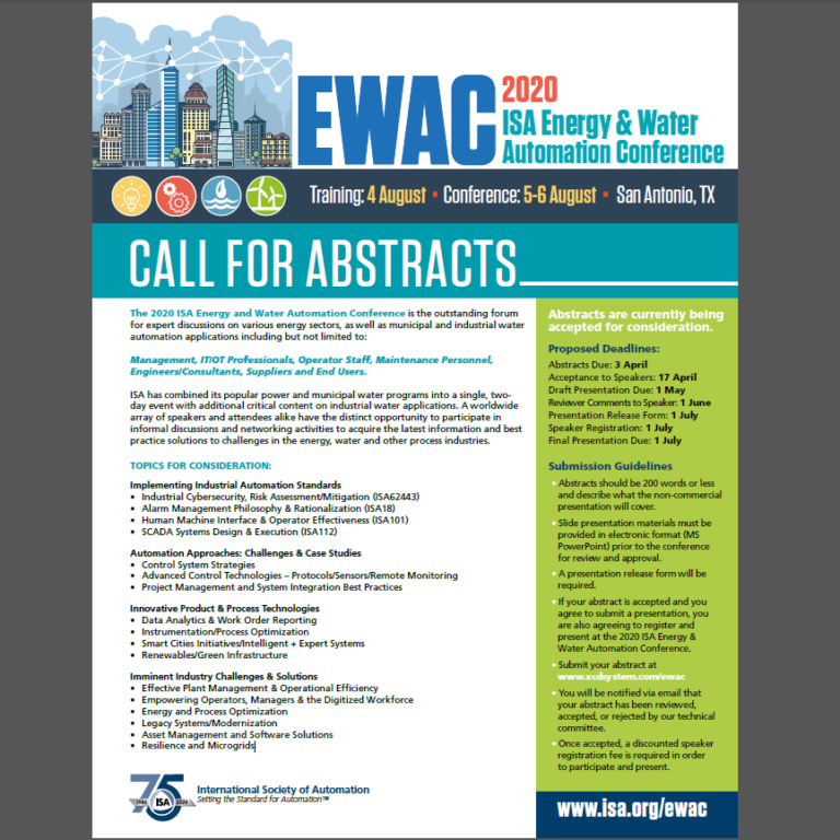 EWAC 2020 Conference - Call for Abstracts - 2018 ISA Water/Wastewater